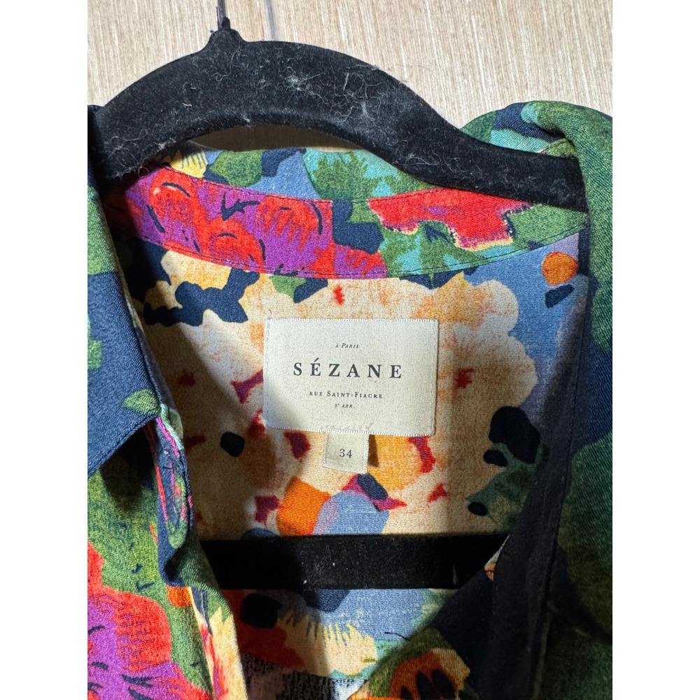 Sezane Adele Dress Navy Blue Floral Button Front Midi Shirt Dress Size 34 US 2 - Picture 3 of 5